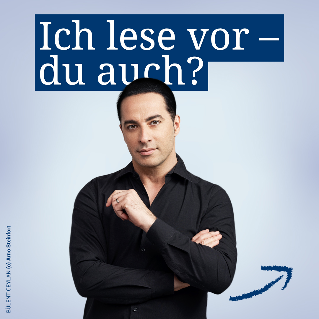 Grafik mit einem Mann im schwarzen Hemd vor hellem Hintergrund und dem Text „Ich lese vor – du auch?“.