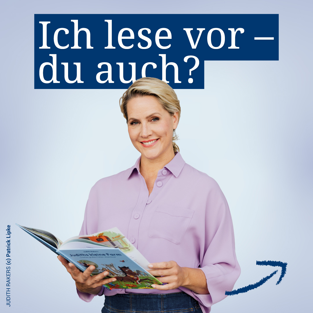 Grafik mit einer lächelnden Frau in lilafarbener Bluse, die ein aufgeschlagenes Kinderbuch hält, und dem Text „Ich lese vor – du auch?“.