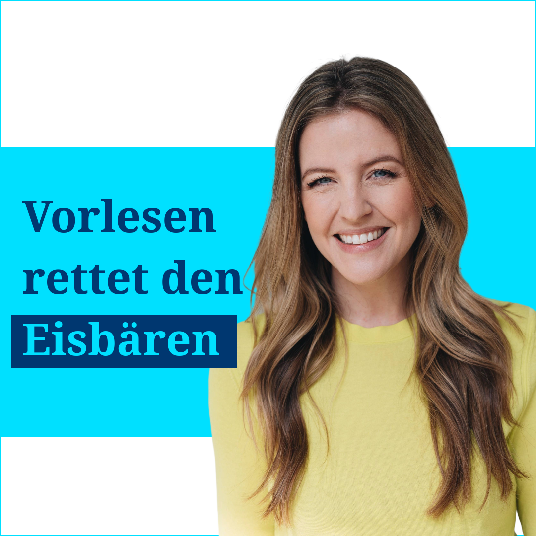 Porträt einer lächelnden Frau neben dem Zitat „Vorlesen rettet den Eisbären.“.