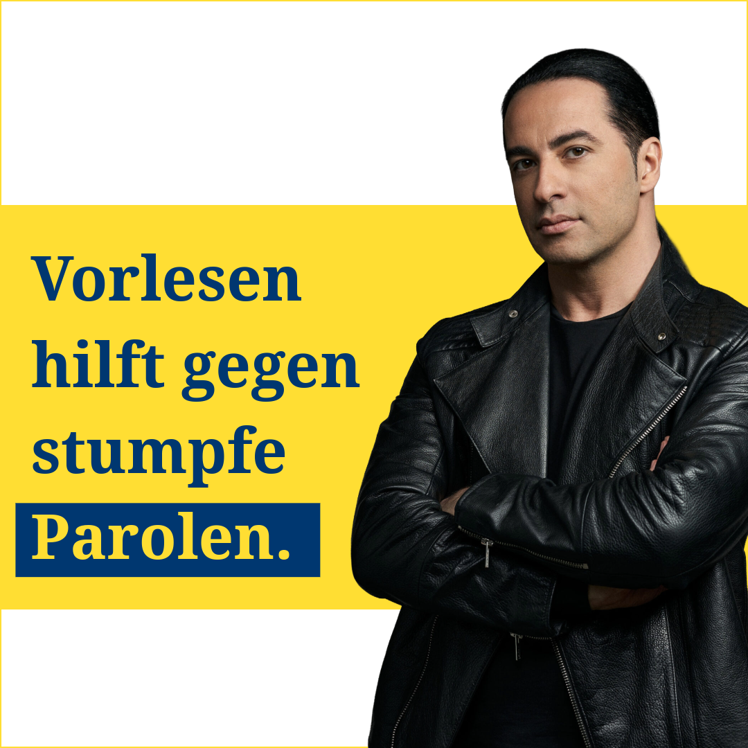 Porträt eines Mannes in schwarzer Lederjacke neben dem Zitat „Vorlesen hilft gegen stumpfe Parolen.“.