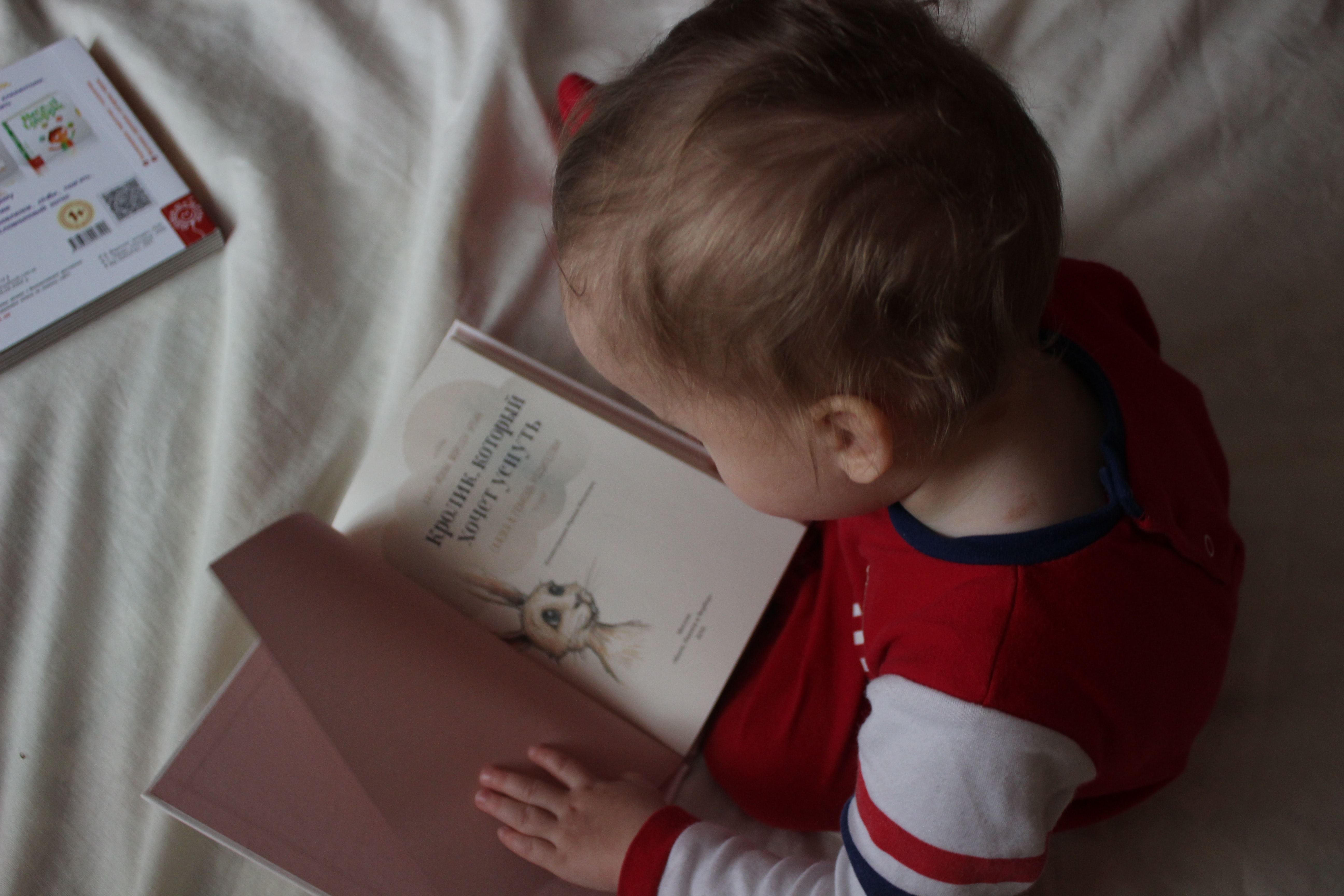 Kleinkind schaut ein Buch an