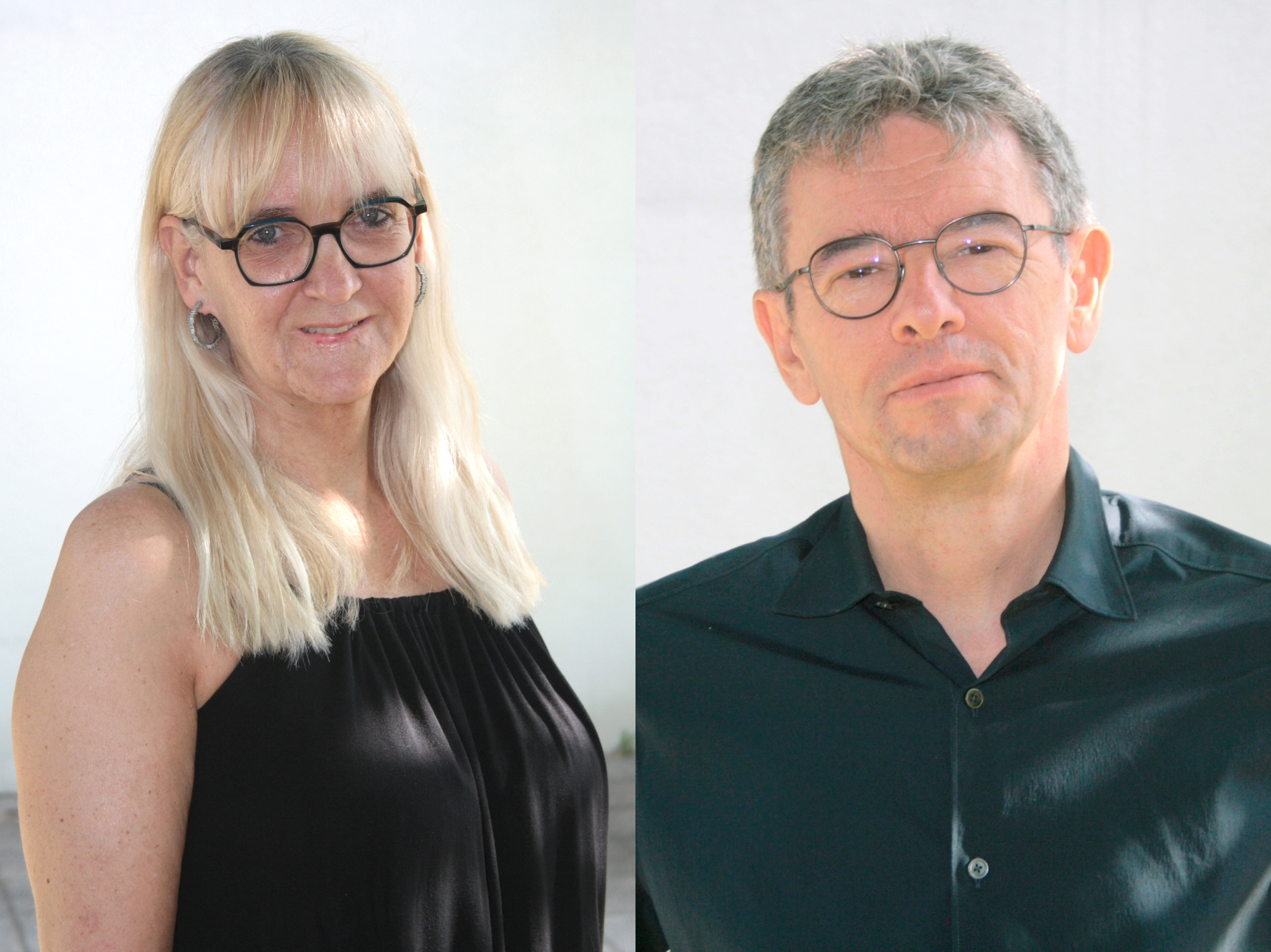 Zwei nebeneinander platzierte Porträts: links eine Frau mit langen blonden Haaren und Brille, rechts ein Mann mit kurzem grauem Haar und Brille, beide vor hellem Hintergrund.