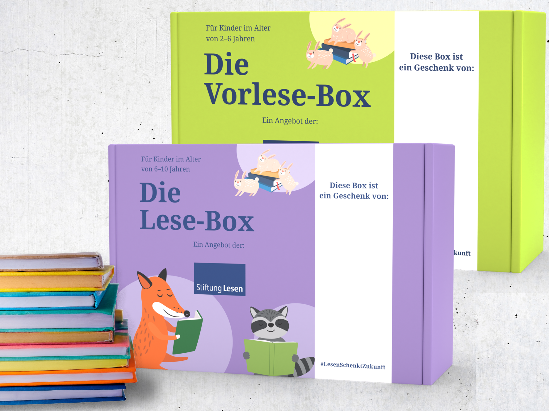 Zwei farbige Vorlese- und Lese-Boxen der Stiftung Lesen für Kinder von 2 bis 6 und 6 bis 10 Jahren; daneben liegt ein Stapel bunter Bücher.