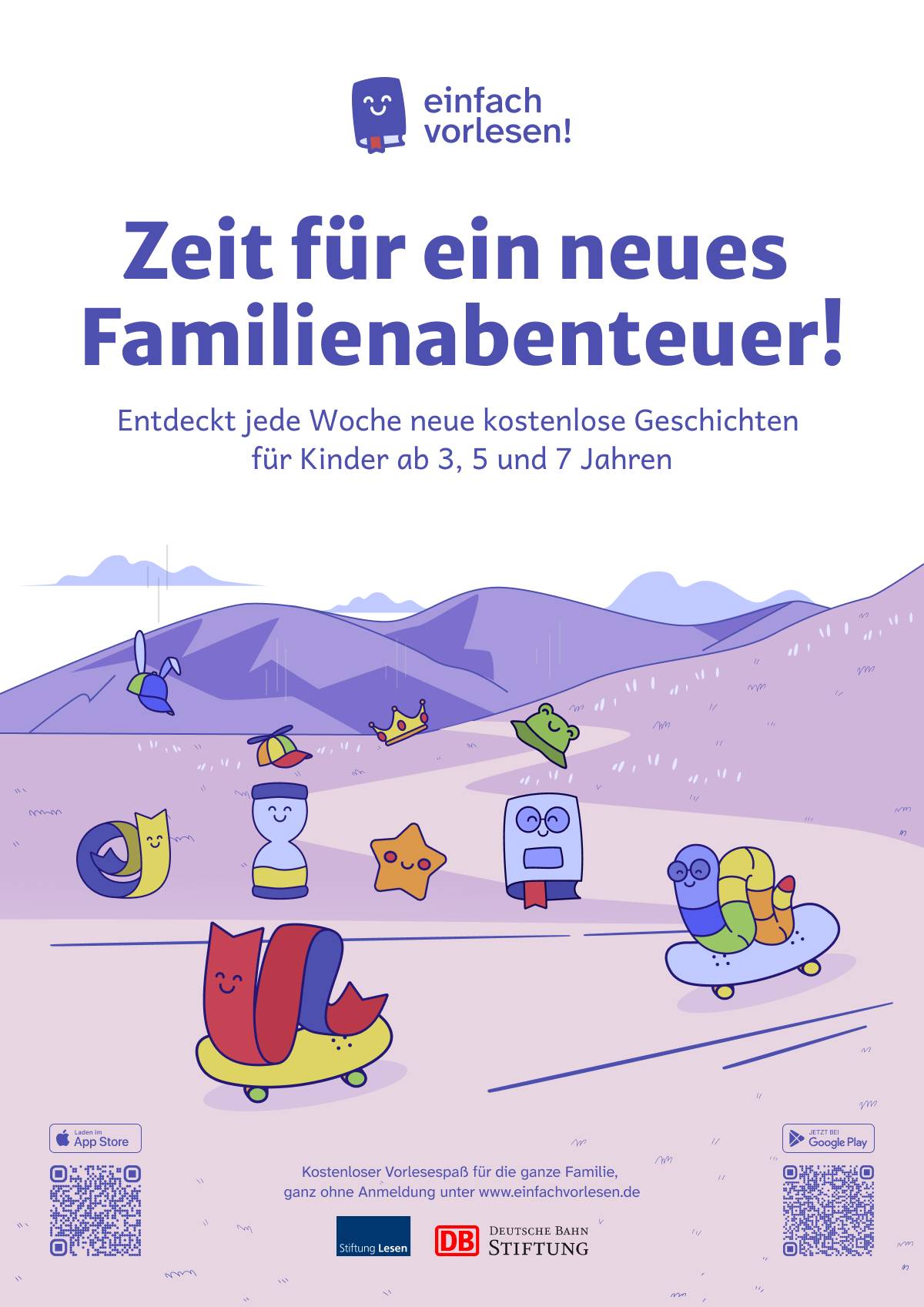 Eine bunte Sammlung fröhlicher, comicartiger Sticker-Illustrationen auf weißem Hintergrund. Zu sehen sind unter anderem lächelnde Buchstaben, ein Regenbogen, Sterne, ein Frosch, eine Krone, eine Sprechblase, ein Skateboard, ein Sanduhr-Symbol, eine Mütze und verschiedene kleine Figuren in Blau-, Gelb-, Grün- und Rottönen. In der Mitte steht ein kleines, blaues Buch mit Gesicht neben dem Schriftzug „einfach vorlesen!“.
