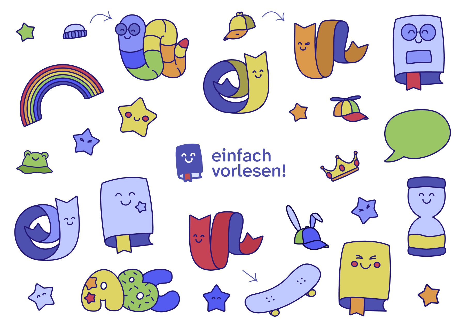 Ein Poster mit dem Schriftzug „Zeit für ein neues Familienabenteuer!“ und dem Hinweis auf kostenlose wöchentliche Geschichten für Kinder. Unten eine bunte Landschaft mit vielen kleinen, fröhlichen Comicfiguren. Am Rand stehen QR-Codes und Logos von Stiftung Lesen und DB Stiftung.