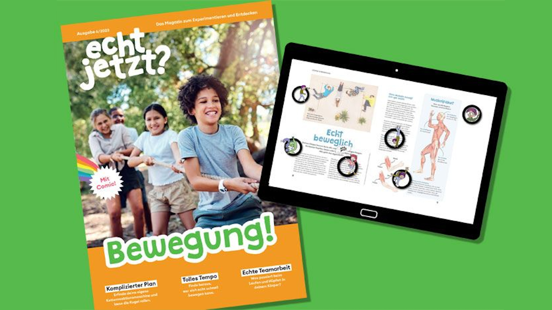 Neben dem Cover des Grundschulmagazins echt jetzt zur neuen Ausgabe Bewegung sieht man ein Tablet mit den online zur Verfügung gestellten Lehrmaterialien.