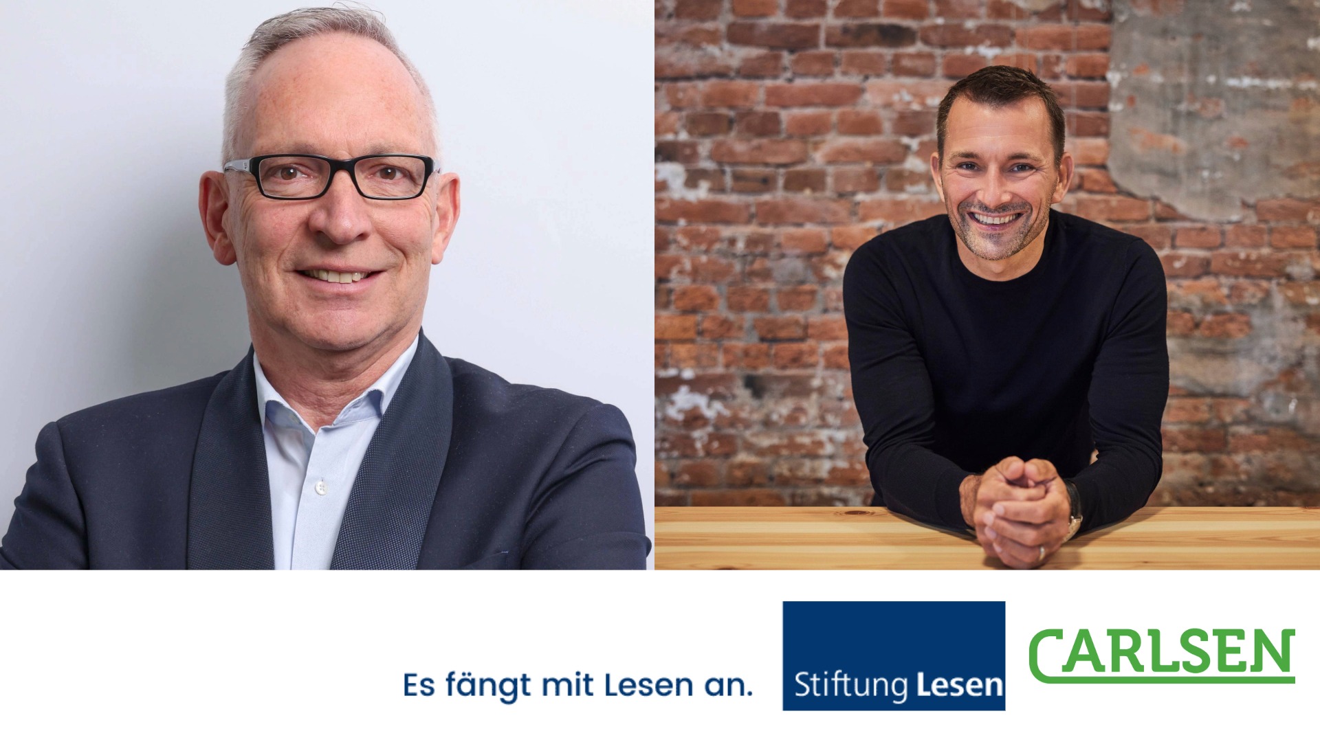 Auf dem Bild sieht man die Porträtfotos von Dr. Jörg F. Maas, Hauptgeschäftsführer der Stiftung Lesen, und Joachim Kaufmann, Geschäftsführer Carlsen Verlag