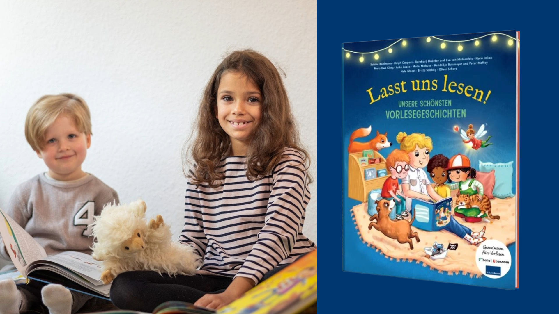 Zwei Kinder sitzen nebeneinander und lesen in einem Buch, das Kind links hält ein Kuscheltier. Rechts daneben ist das Cover des Buchs „Lasst uns lesen! Unsere schönsten Vorlesegeschichten“ abgebildet, mit einer Illustration von Kindern, die gemeinsam mit einer erwachsenen Person und Tieren lesen.