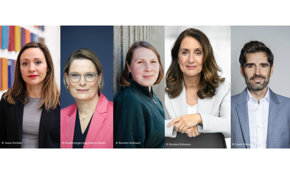 Fünf Porträtfotos von Frauen und einem Mann nebeneinander, die als neue Kuratoriumsmitglieder der Stiftung Lesen vorgestellt werden.