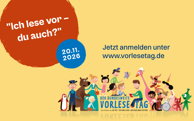 Banner zum Bundesweiten Vorlesetag 2026 mit Motto „Ich lese vor – du auch?“, Datum 20.11.2026 und Hinweis zur Anmeldung unter vorlesetag.de.