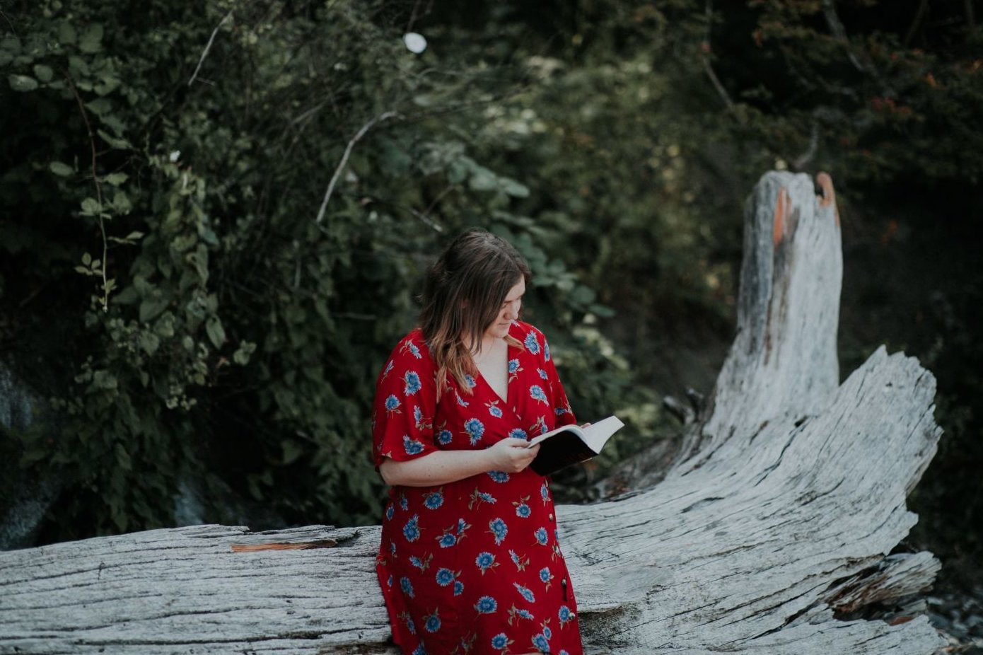 Junge Frau im roten Kleid mit einem aufegschlagenen Buch in der Hand lehnt an einem Baumstamm