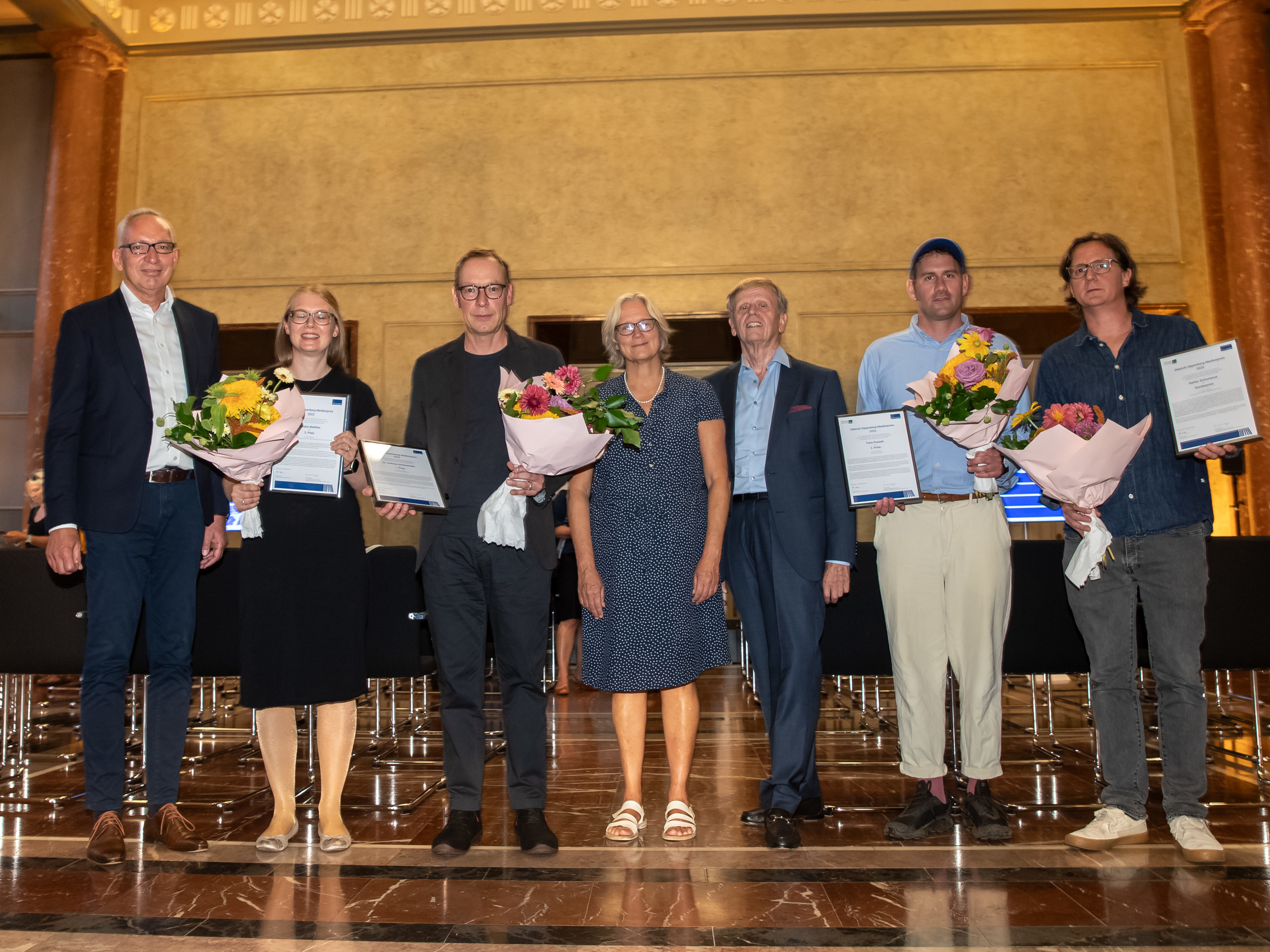 Preisträger des Dietrich-Oppenberg-Medienpreises 2023: Dr. Andreas Wirthensohn, Timo Posselt, Sandra Matthes, Stefan Schomerus