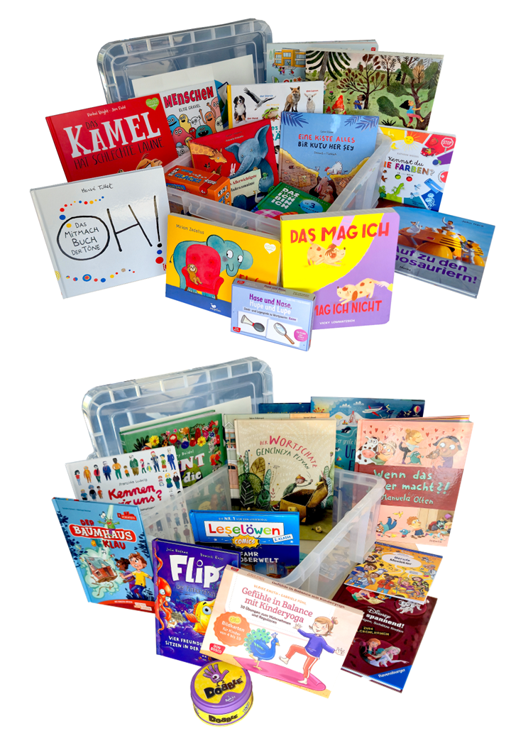 Zwei transparente Kunststoffboxen sind prall gefüllt mit vielfältigen Kinderbüchern, Bilderbüchern und Lernmaterialien zu Themen wie Sprache, Gefühle, Natur und Alltagswissen.