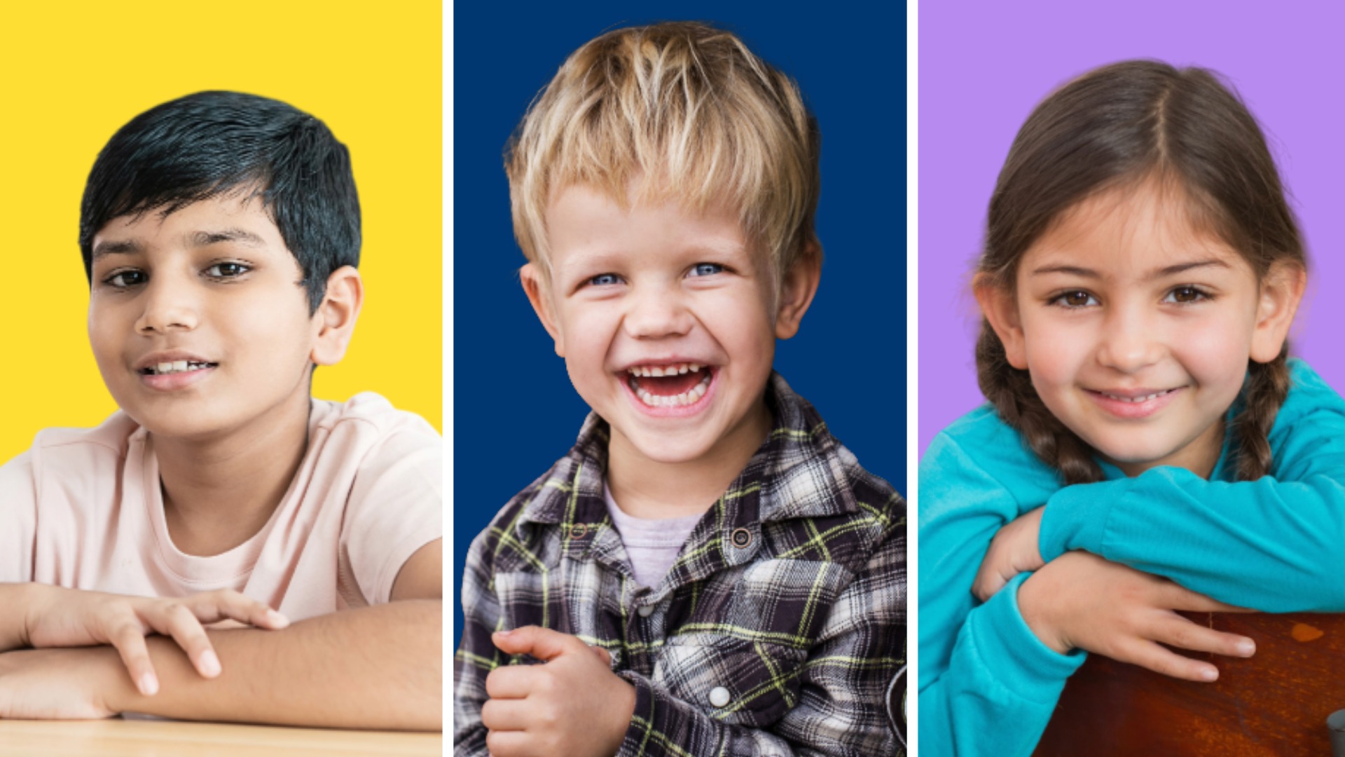 Dreigeteiltes Bild mit Porträts von drei Kindern vor farbigen Hintergründen. Links ein Junge mit dunklem Haar vor gelbem Hintergrund, in der Mitte ein blondes Kind mit offenem, fröhlichem Lachen vor dunkelblauem Hintergrund, rechts ein Mädchen mit braunen Zöpfen vor lila Hintergrund, das die Arme entspannt auf einer Tischplatte verschränkt.